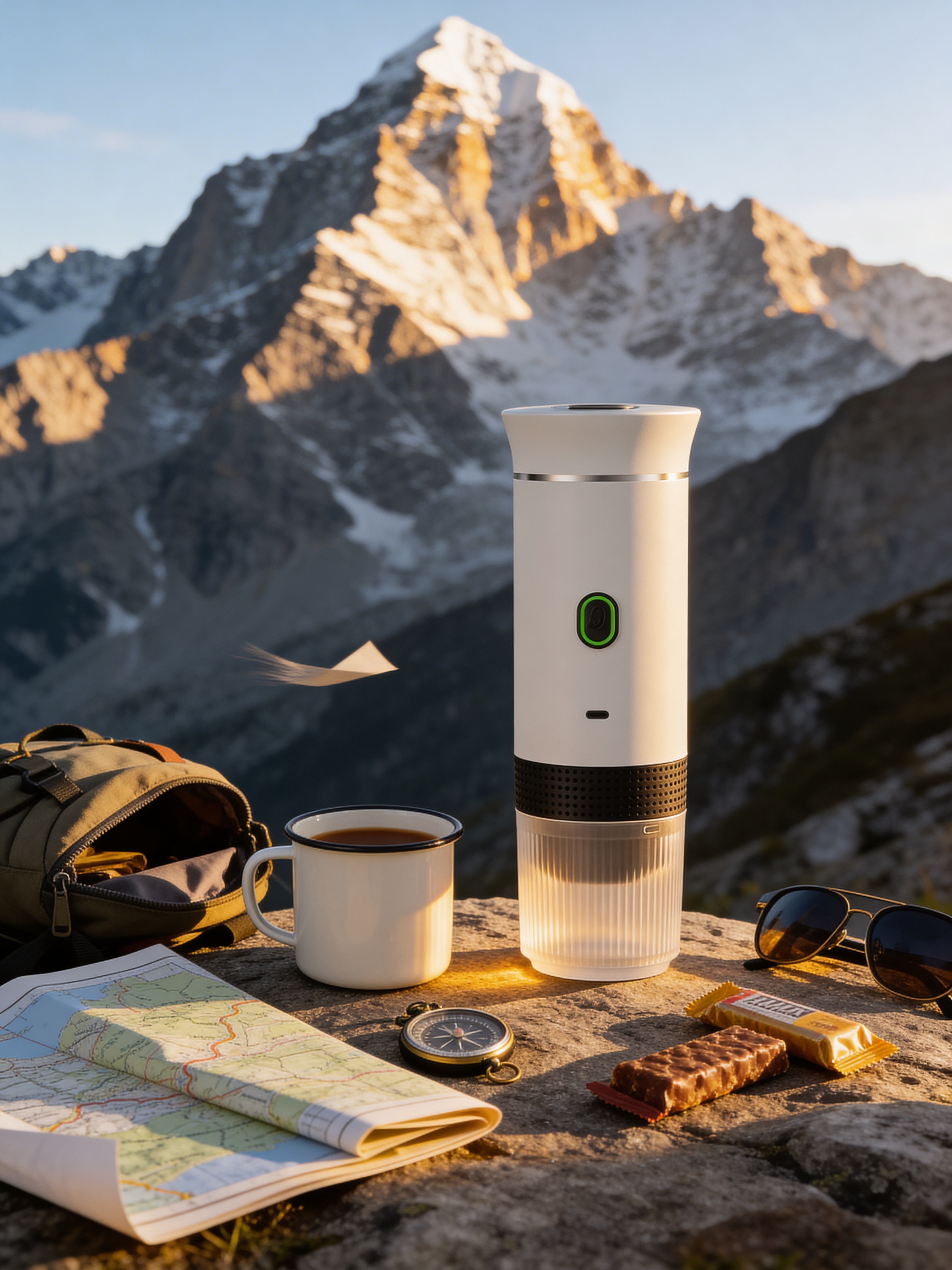 White MyGo Arctic on rocky mountain ledge at golden hour