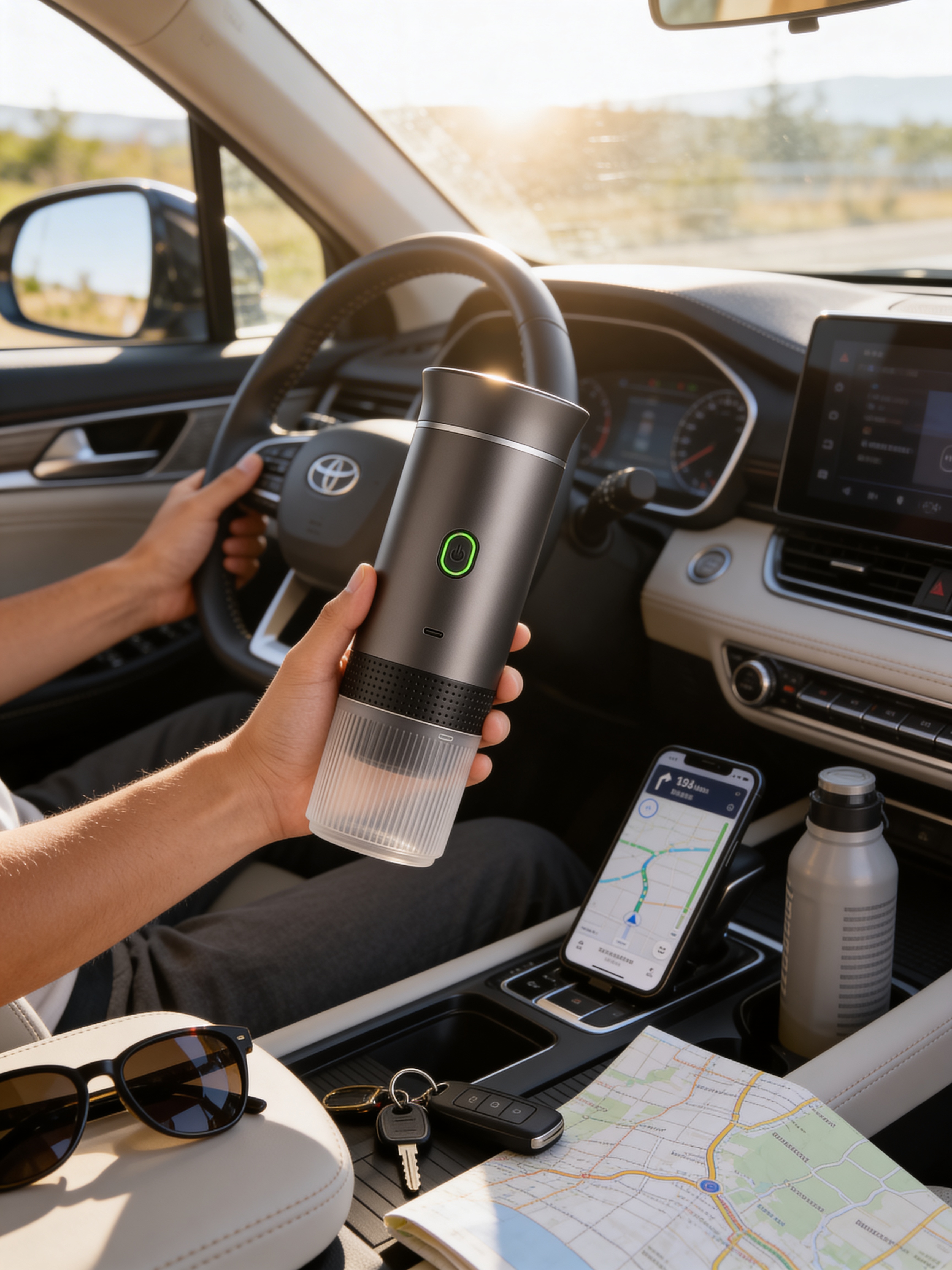 Gray MyGo Noir held by driver in Toyota SUV interior