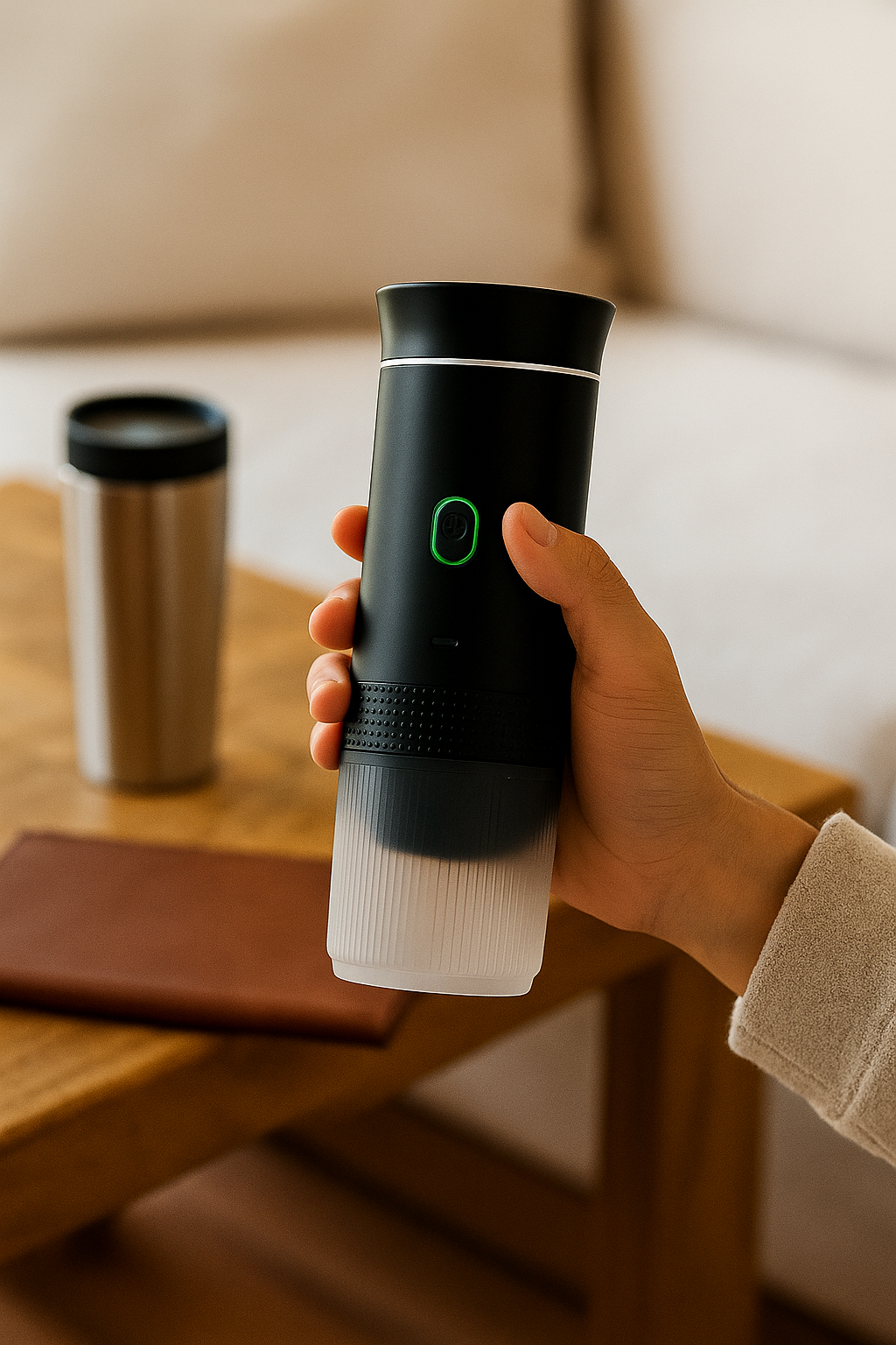 Hand holding MyGo Noir coffee maker indoors