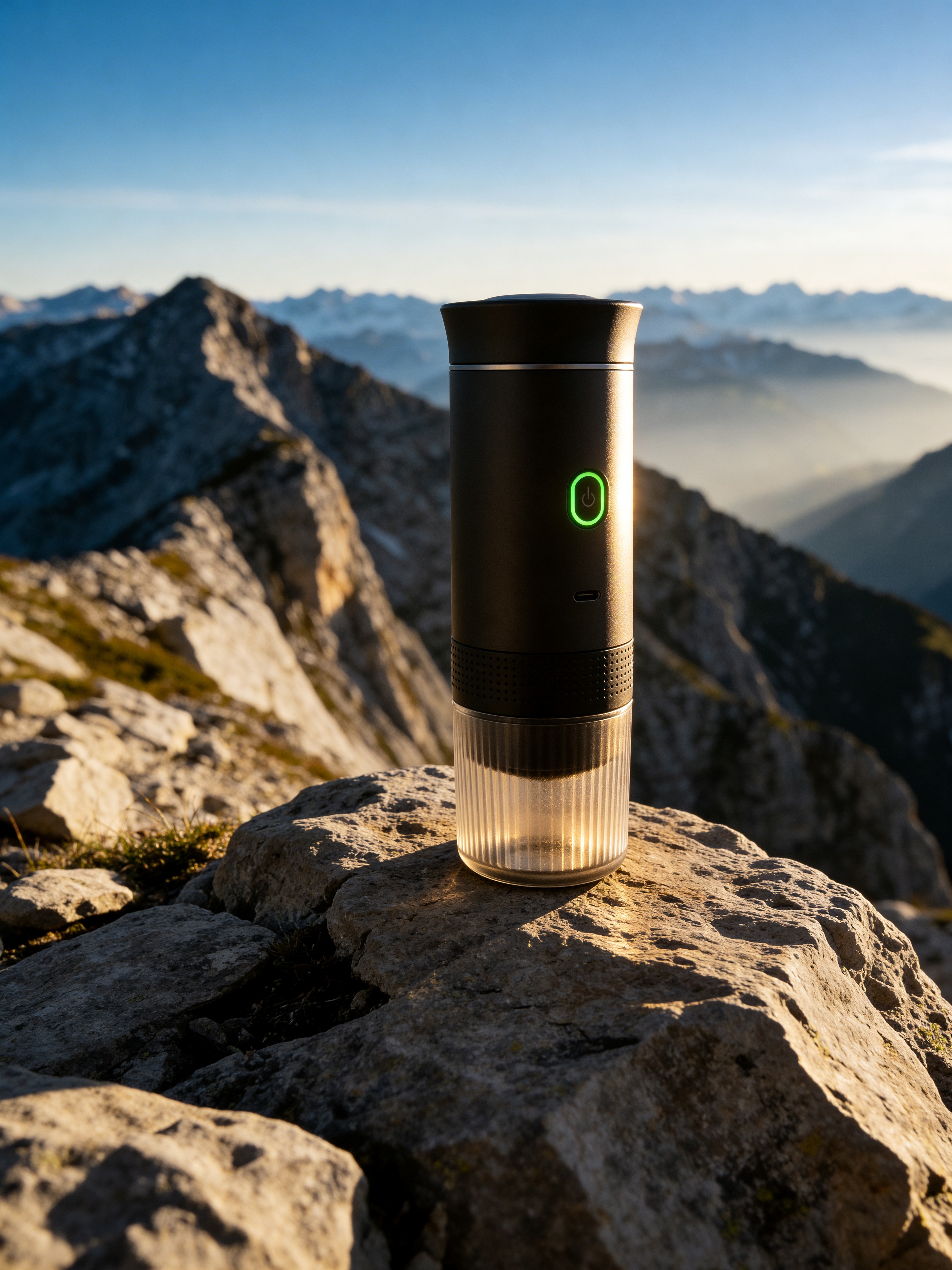 MyGo Noir glowing on a rocky mountain summit at dawn