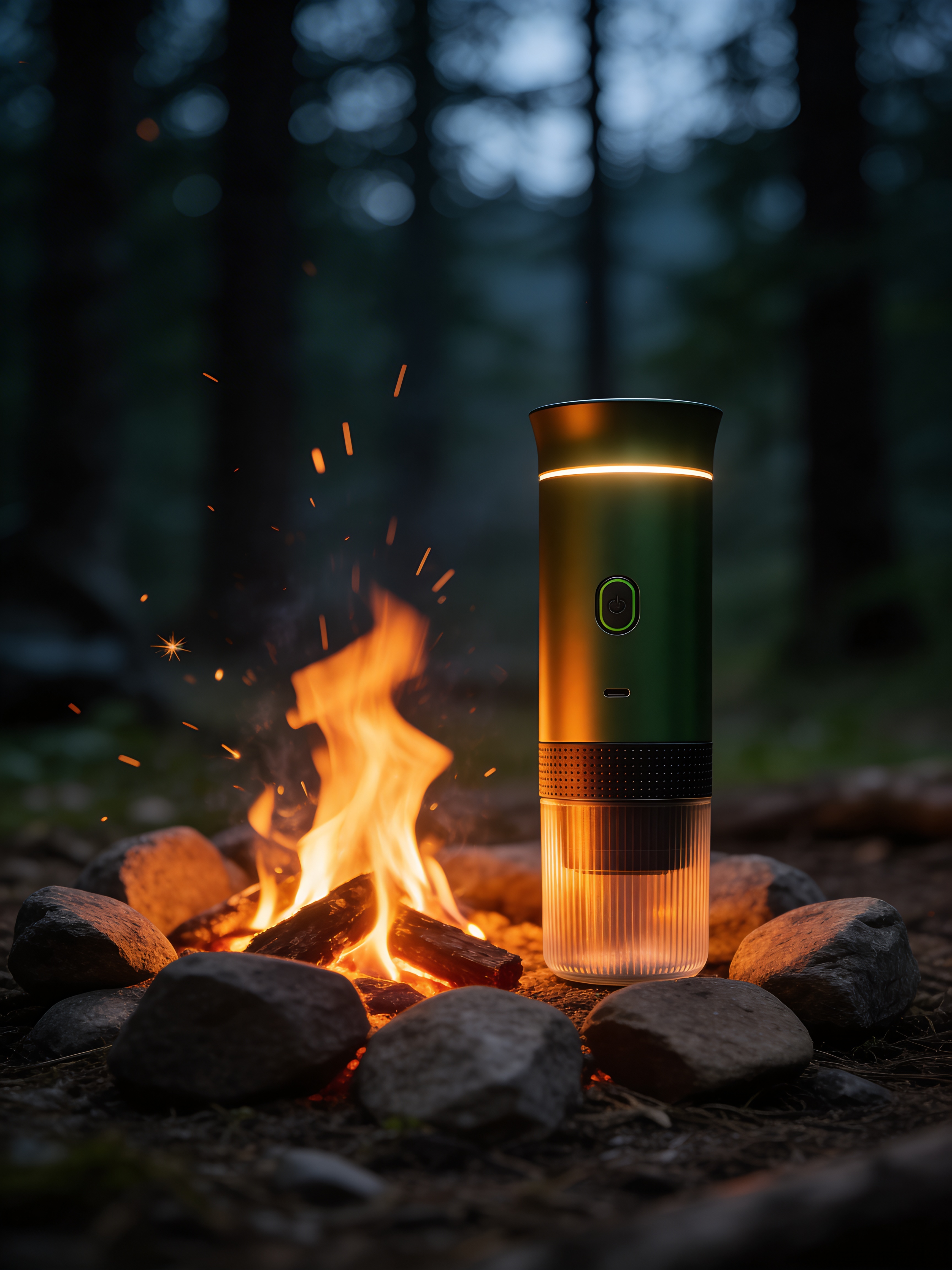 Green MyGo coffee maker beside a roaring campfire at night