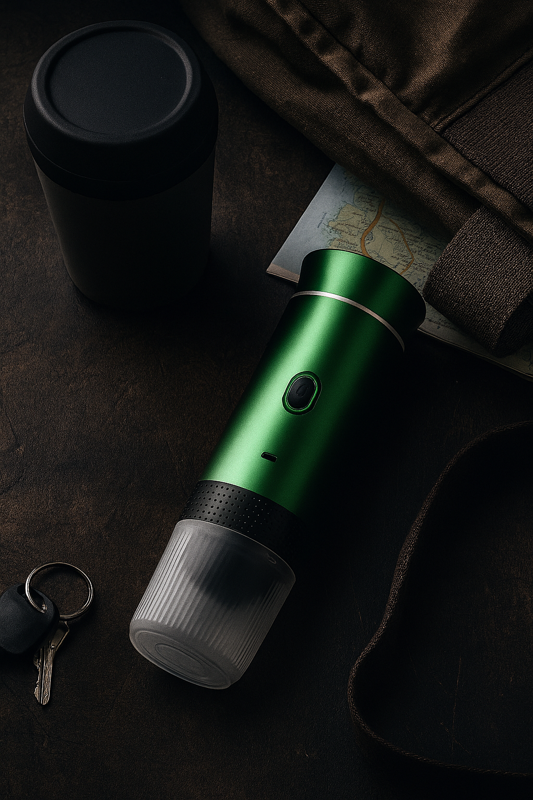 Green MyGo coffee maker flat lay with keys and map