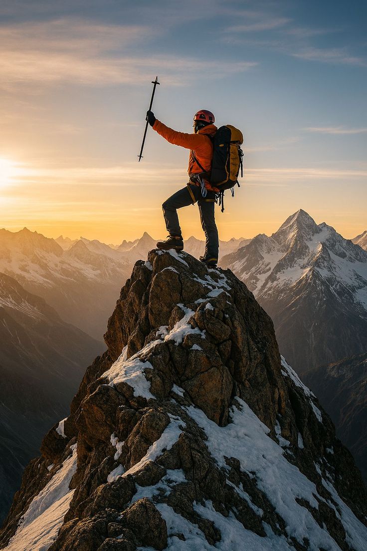 Mountaineer standing on snowy rocky peak at golden hour with Alps behind