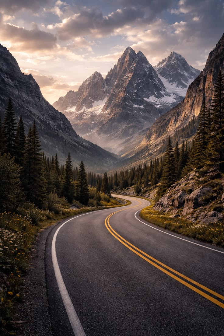 Winding mountain road through pine forest with dramatic rocky peaks at golden hour
