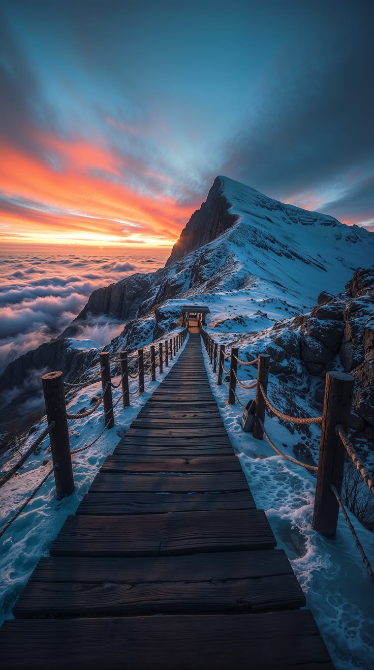 Snowy wooden boardwalk leading to mountain summit above the clouds at sunset