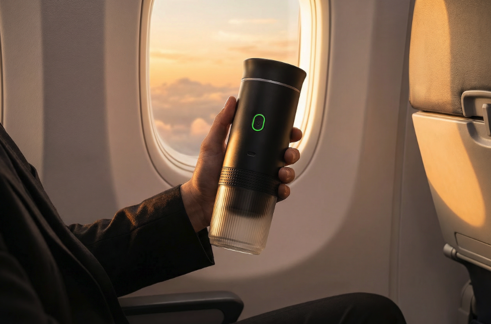 Hand holding black MyGo coffee maker on an airplane with golden sunset through window