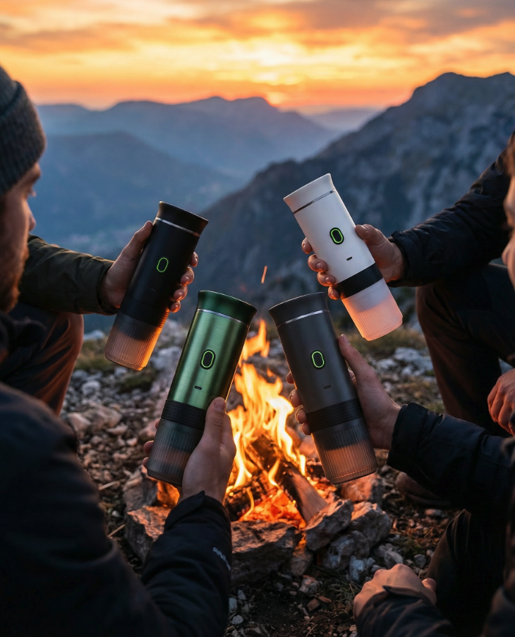 Four people toasting with MyGo coffee makers around a campfire at mountain sunset