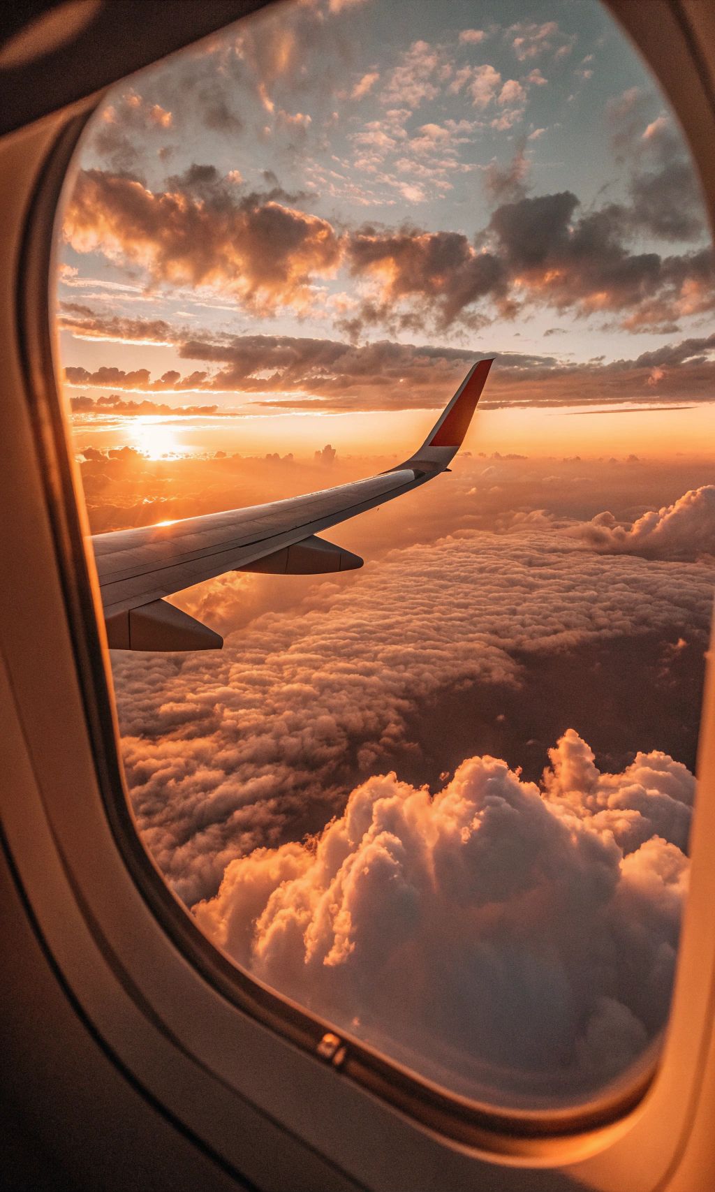 Airplane window view of golden sunset over clouds