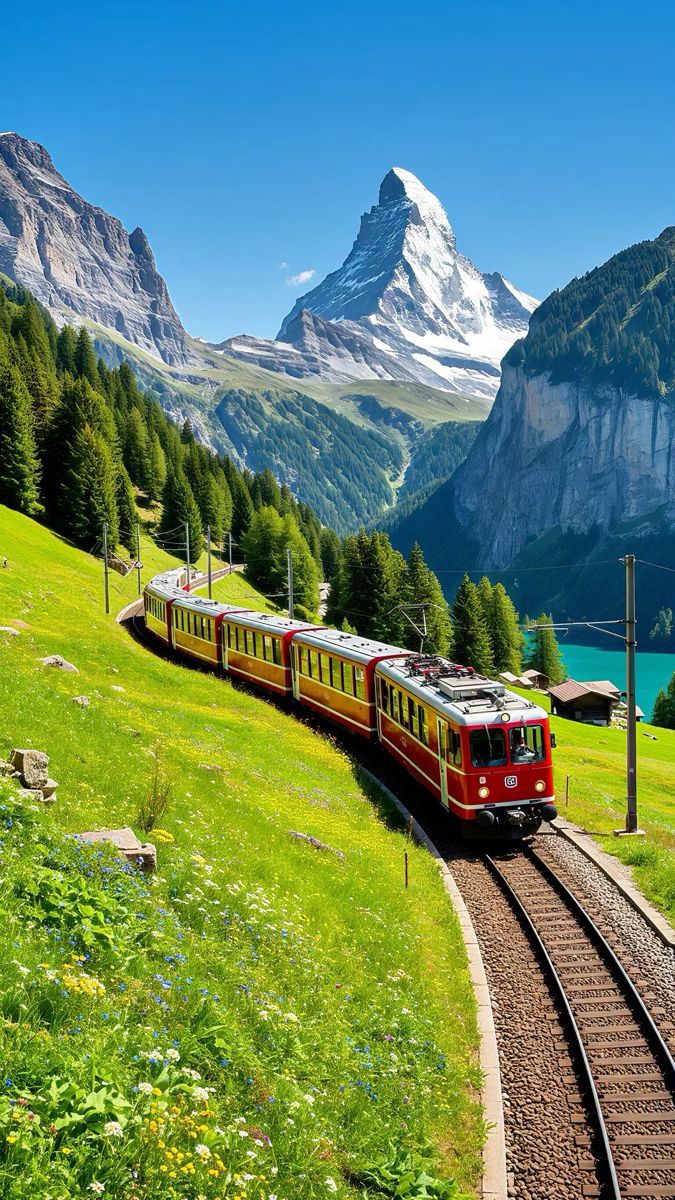 Red Swiss alpine train with Matterhorn and turquoise lake
