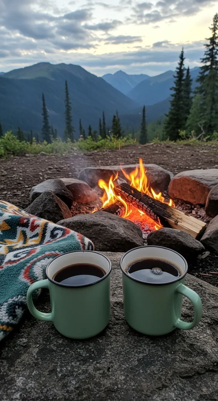 Two green enamel coffee mugs by a campfire with mountain backdrop