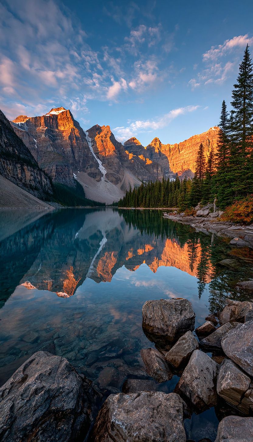 Moraine Lake golden sunrise reflection with pine trees